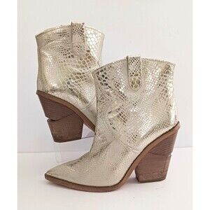 Cecelia New York Lt Gold Metallic Python Leather Ankle Boot Stacked Wood Heel 40